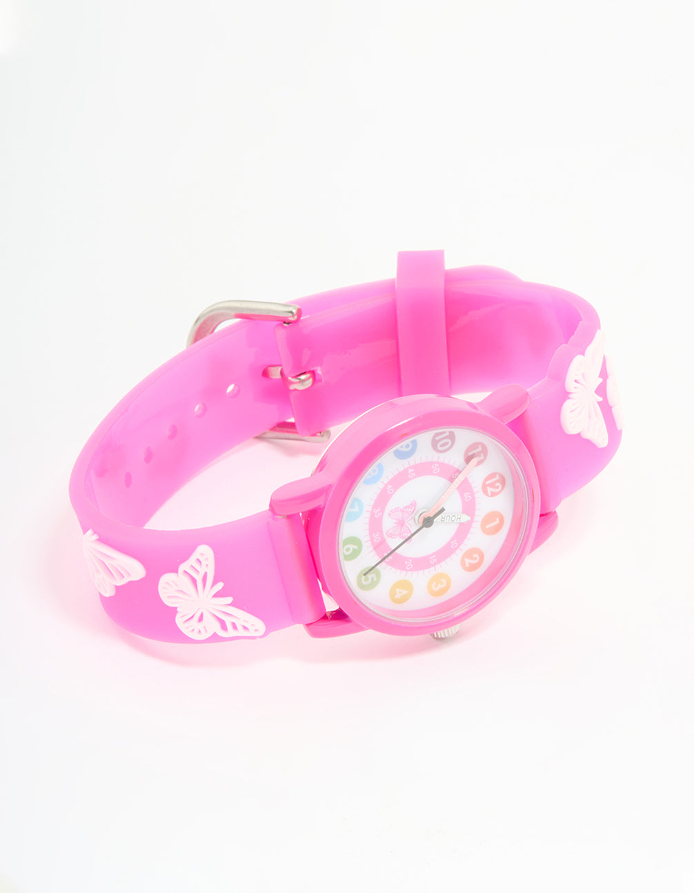 Discover this kids pink butterfly watch, white dial, round shape, women's casual analog timepiece with silicone strap front view