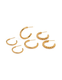Waterproof Gold Plated Stainless Steel Twisted & Smooth  Hoop Earrings 3-Pack - link has visual effect only