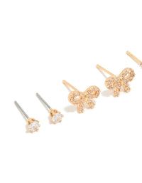 Waterproof Gold Plated Stainless Steel Cubic Zirconia & Pearl Stud Earrings 4-Pack - link has visual effect only