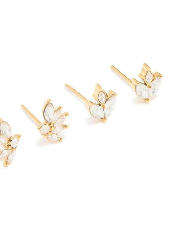 Waterproof Gold Plated Stainless Steel Cubic Zirconia Flower Stacker Earrings 3-Pack
