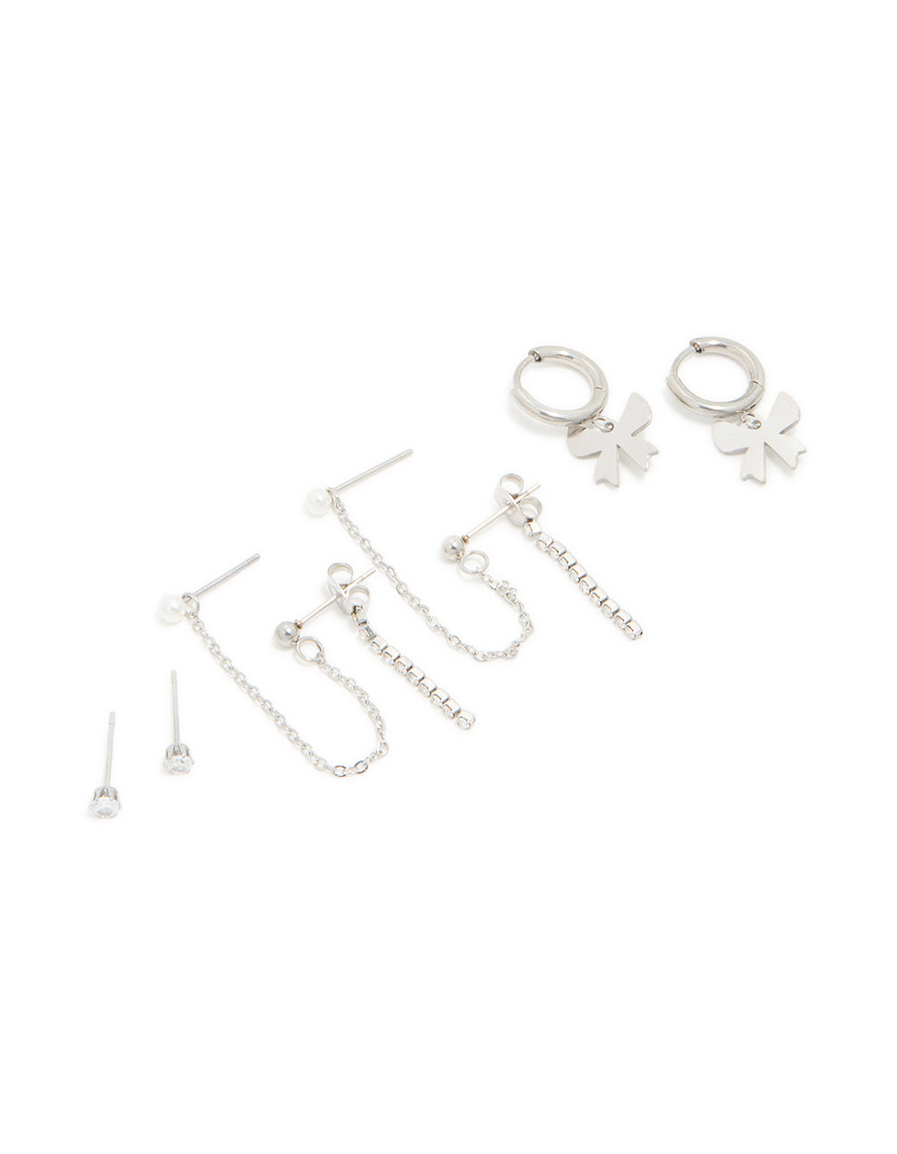 Discover waterproof stainless steel cubic zirconia bow chain earrings featuring charm details with huggie closure in silver 3-pack front view