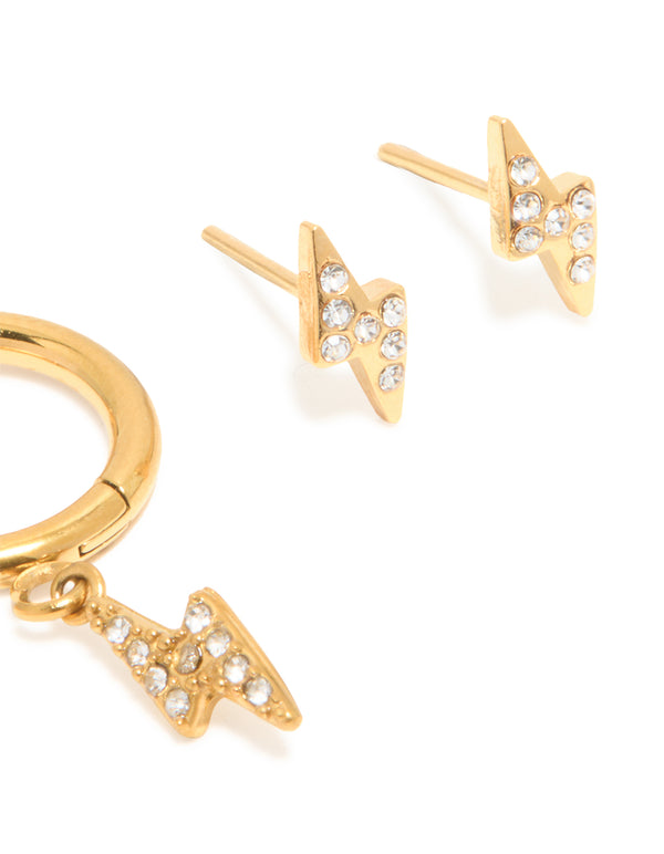 Waterproof Gold Plated Stainless Steel Cubic Zirconia Bolt Stacker Earrings 3-Pack