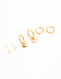 Waterproof Gold Plated Stainless Steel Heart Huggies & Classic Stud Earrings 3-Pack - link has visual effect only