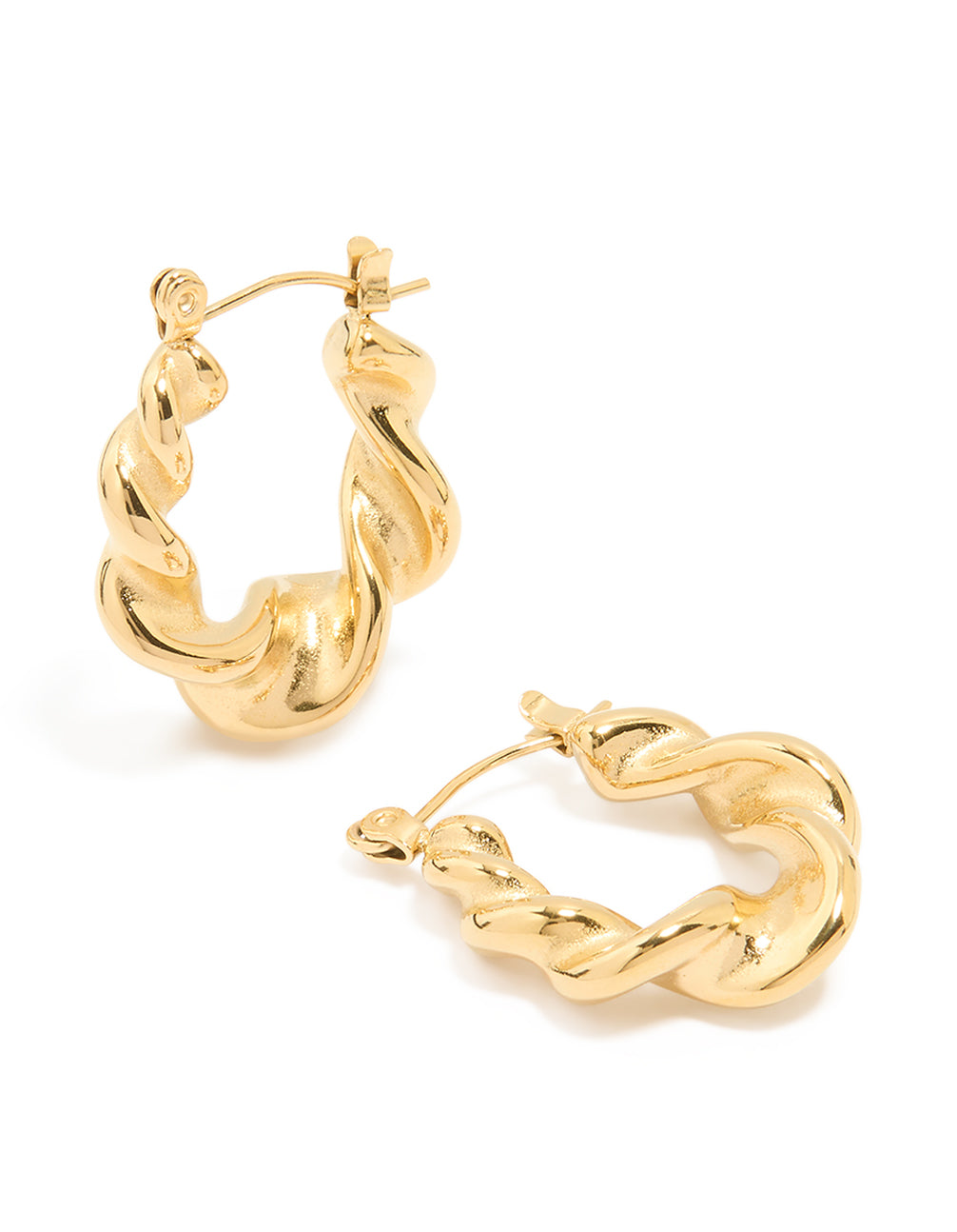 Showcasing large twisted statement hoop earrings crafted from waterproof stainless steel with a smooth finish in gold plated front view