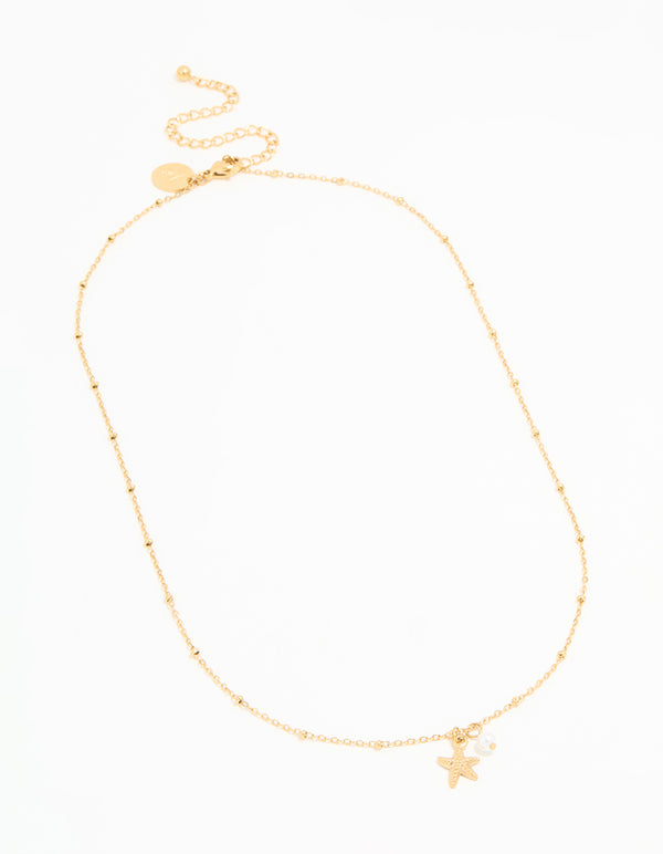 Waterproof Gold Plated Stainless Steel Pearl & Starfish Dainty Necklace