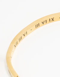 Women's Stainless Steel Onyx Cuff Bangle - Roman Numeral Design, Gold Plated, 6.5 Inch