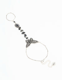 Antique Silver Black Stone & Butterfly Hand Chain - link has visual effect only