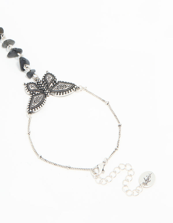 Antique Silver Black Stone & Butterfly Hand Chain