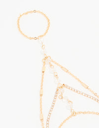 Gold Clear Bead & Diamante Layered Hand Chain - link has visual effect only