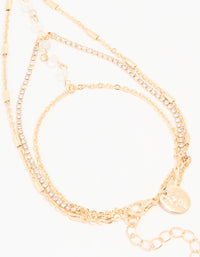 Gold Clear Bead & Diamante Layered Hand Chain - link has visual effect only