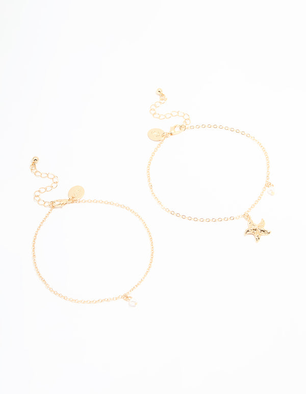 Gold Pearl & Starfish Anklets 2-Pack