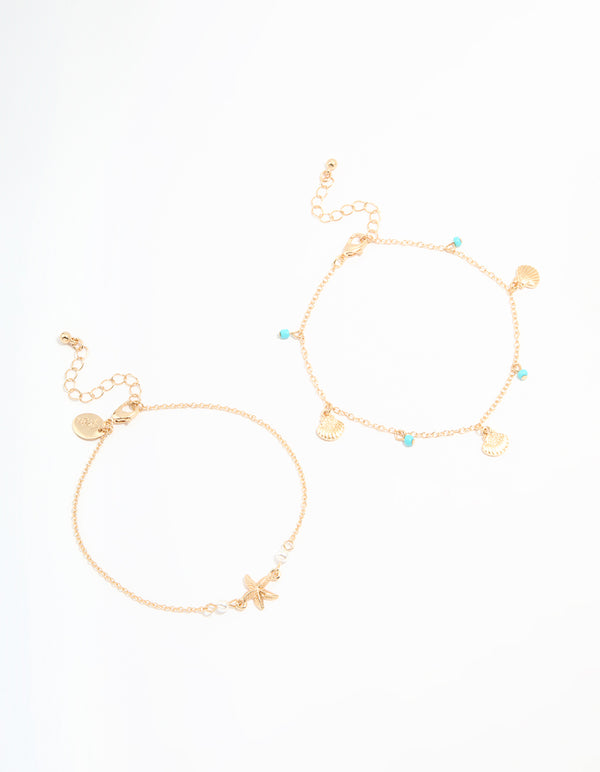 Gold Bead Shell & Tiny Starfish Anklets 2-Pack