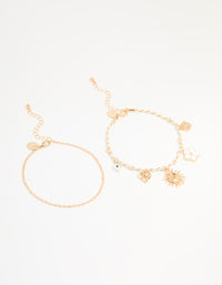 Gold White Rope Sun Charm & Chain Anklets 2-Pack - link has visual effect only