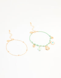 Gold Blue Rope Shell Charm & Chain Anklets 2-Pack - link has visual effect only