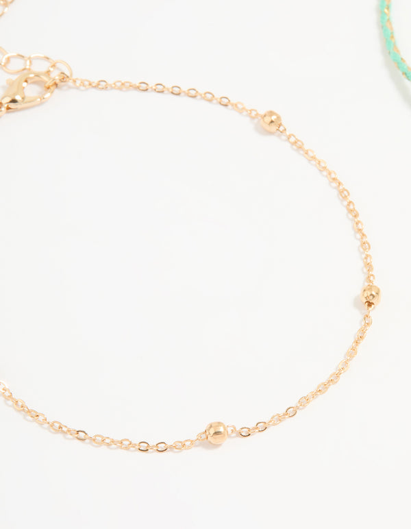 Gold Blue Rope Shell Charm & Chain Anklets 2-Pack