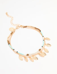 Antique Gold Blue Beaded & Leaf Layered Anklet - link has visual effect only