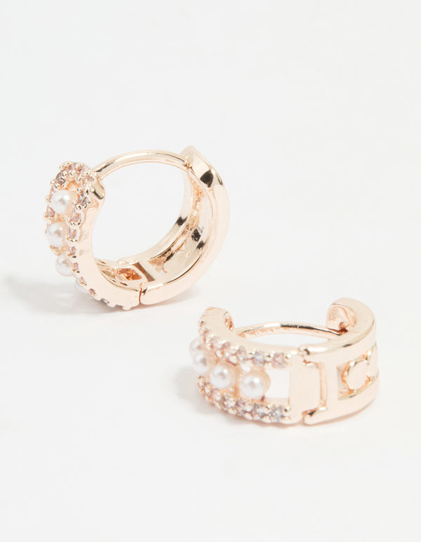 Rose Gold Plated Cubic Zirconia Pearl Hoop Earrings