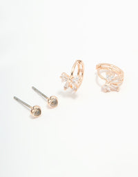 Rose Gold Plated Cubic Zirconia Bow Hoop & Heart Stud Earrings 2-Pack - link has visual effect only