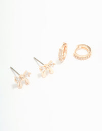 Rose Gold Plated Cubic Zirconia Bow & Huggie Earrings 2-Pack - link has visual effect only