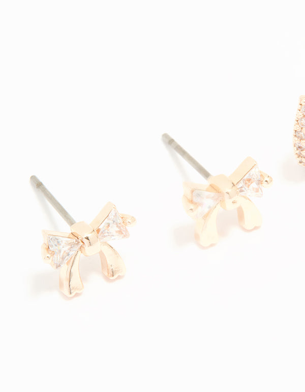 Rose Gold Plated Cubic Zirconia Bow & Huggie Earrings 2-Pack