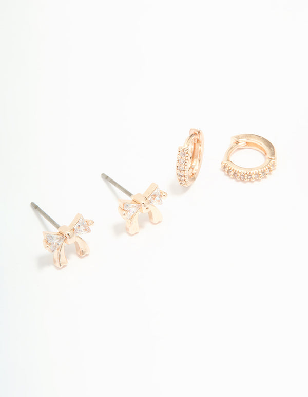 Rose Gold Plated Cubic Zirconia Bow & Huggie Earrings 2-Pack