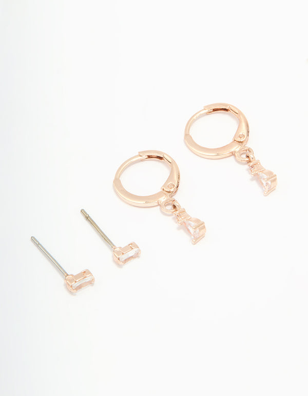Rose Gold Plated Cubic Zirconia Stud & Huggie Drop Earrings Pack
