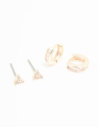 Rose Gold Plated Cubic Zirconia Trio Stud & Huggie Earrings 2-Pack - link has visual effect only
