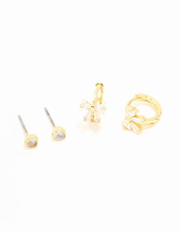 Gold Plated Cubic Zirconia Bow Hoop & Stud Earrings 2-Pack