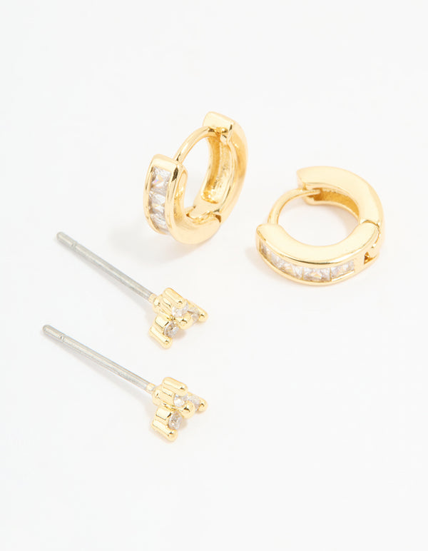 Gold Plated Cubic Zirconia Stud & Huggie Earrings 2-Pack
