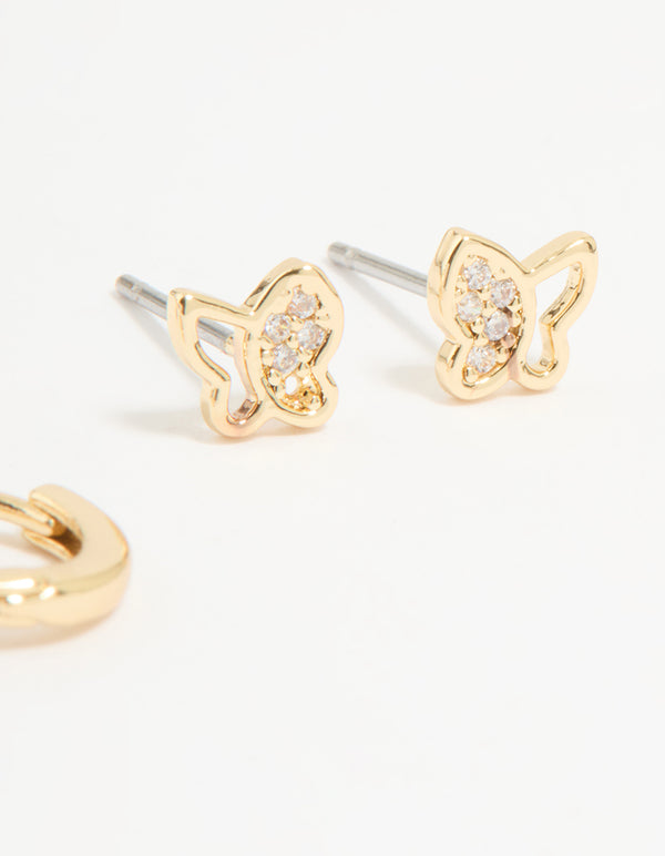 Gold Plated Cubic Zirconia Butterfly Huggie & Stud Earrings 2-Pack