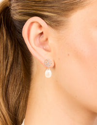 Rose Gold Plated Cubic Zirconia Flower & Pearl Drop Earrings - link has visual effect only