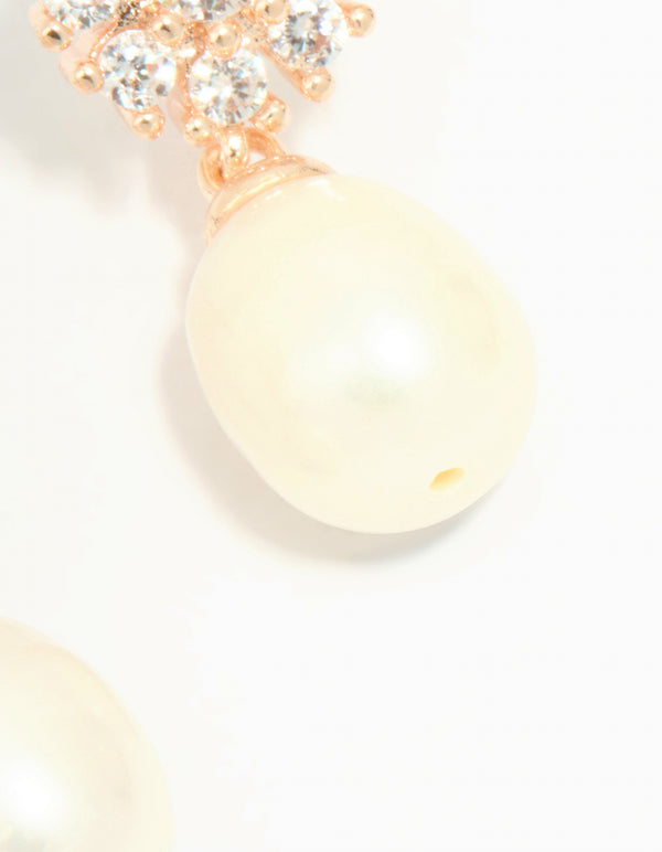 Rose Gold Plated Cubic Zirconia Flower & Pearl Drop Earrings