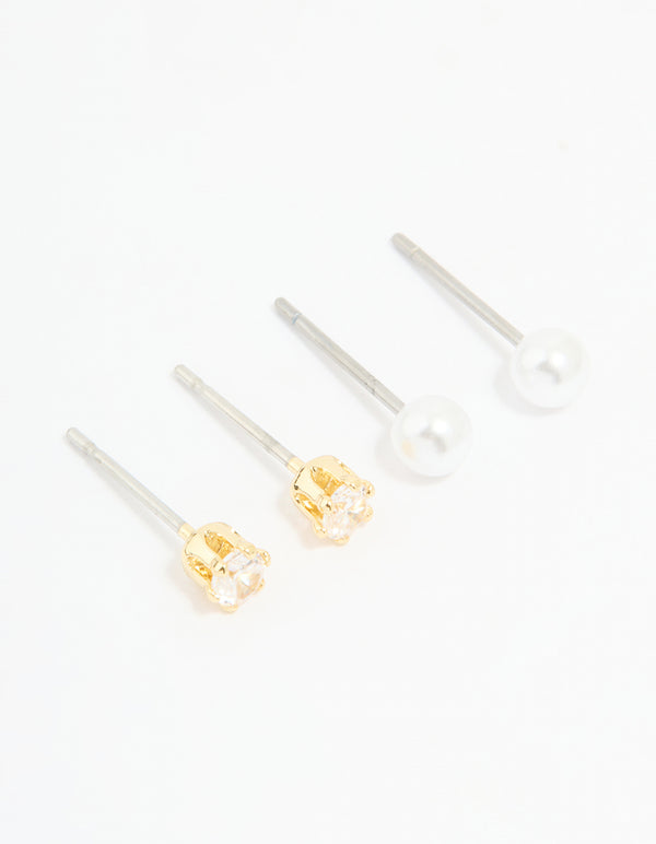 Rose Gold Plated Cubic Zirconia Pearl & Classic Stud Earrings 2-Pack