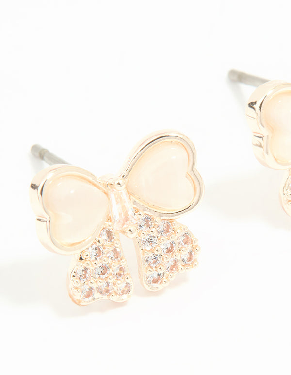 Rose Gold Plated Cubic Zirconia Bow & Plain Stud Earrings 2-Pack