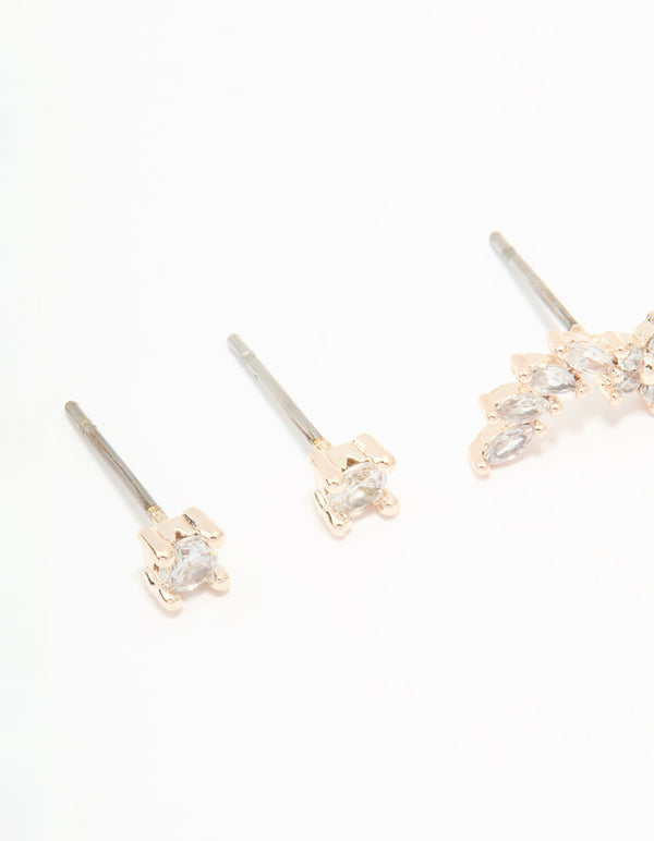Rose Gold Plated Cubic Zirconia Flower Swirl Stud Earrings 3-Pack
