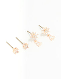 Rose Gold Plated Cubic Zirconia Flower & Classic Stud Earrings 2-Pack - link has visual effect only
