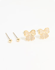 Gold Plated Cubic Zirconia Bow & Plain Stud Earrings 2-Pack