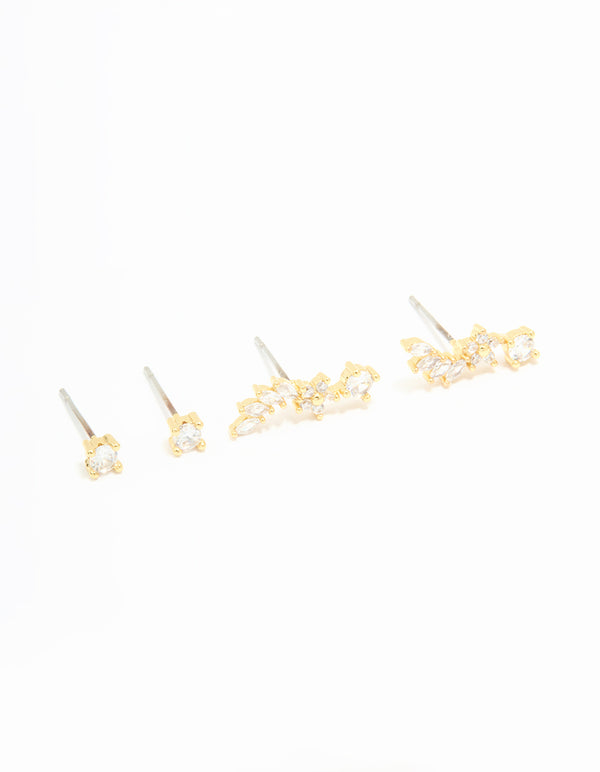Gold Plated Cubic Zirconia Floral Crawler Stud Earrings 2-Pack