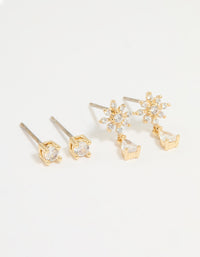 Gold Plated Cubic Zirconia Classic & Flower Teardrop Earrings 2-Pack - link has visual effect only