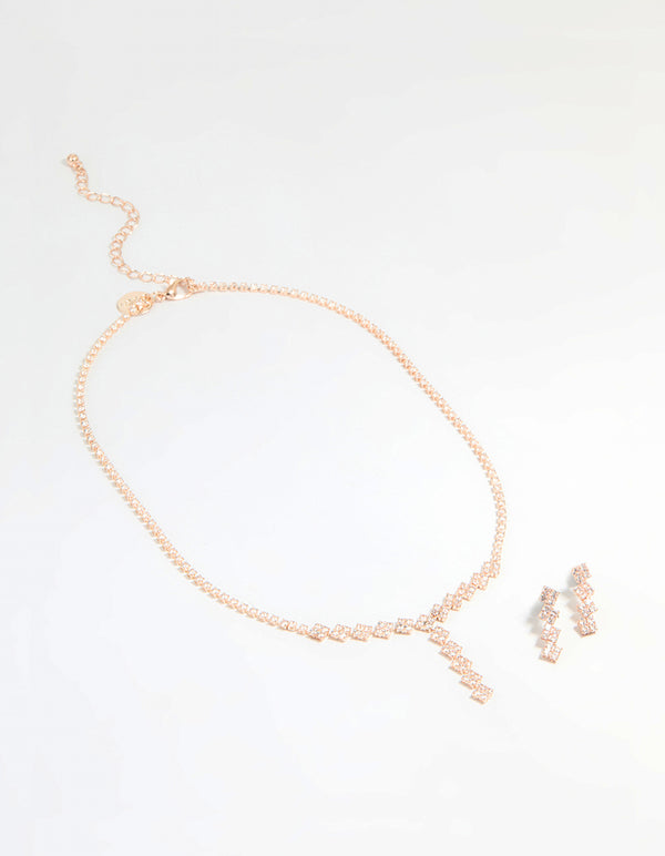 Rose Gold Plated Cubic Zirconia Square Drop Necklace & Earrings Set