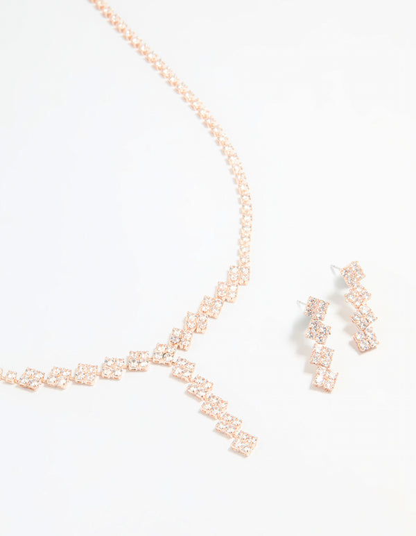 Rose Gold Plated Cubic Zirconia Square Drop Necklace & Earrings Set