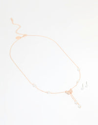 Rose Gold Plated Cubic Zirconia Butterfly & Pearl Necklace & Earrings Set - link has visual effect only