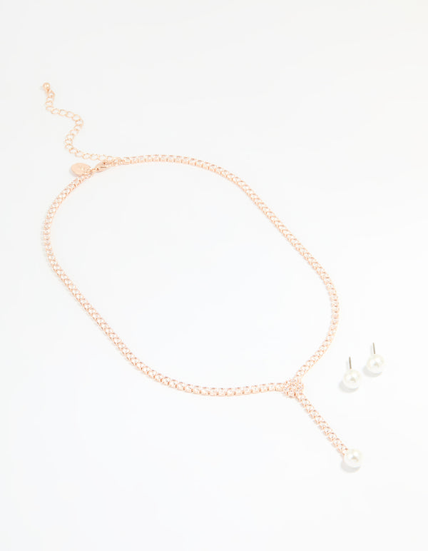 Rose Gold Plated Pearl & Cubic Zirconia Flower Y-Necklace & Earrings Set