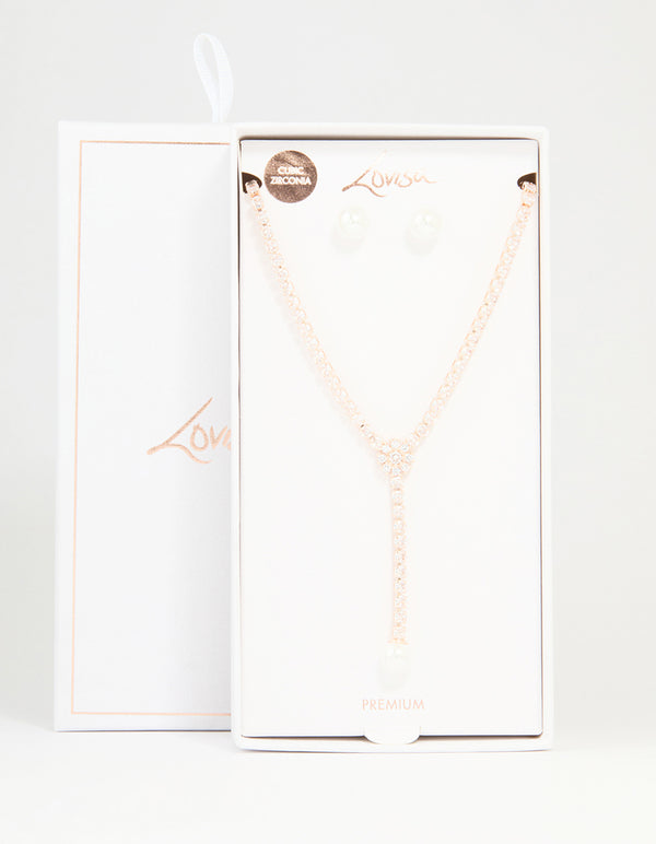 Rose Gold Plated Pearl & Cubic Zirconia Flower Y-Necklace & Earrings Set