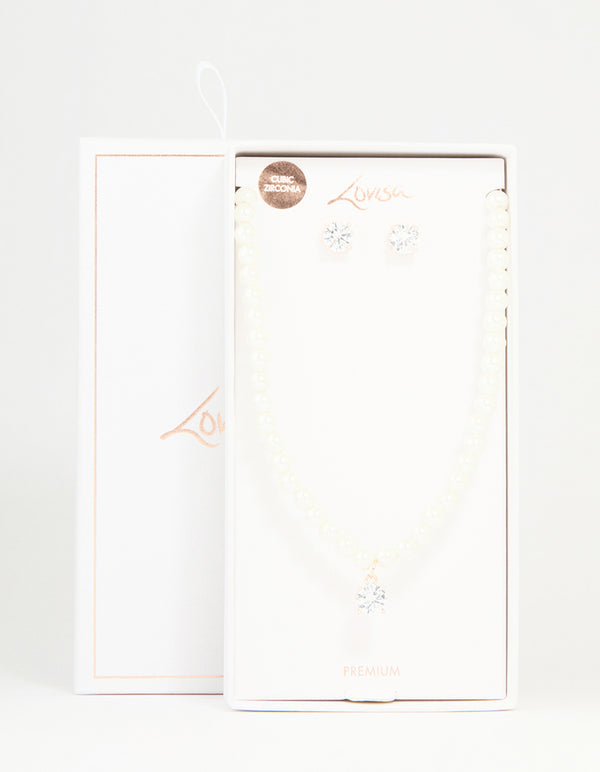 Rose Gold Plated Pearl & Cubic Zirconia Drop Necklace & Earrings Set