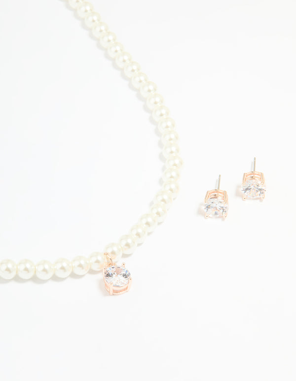 Rose Gold Plated Pearl & Cubic Zirconia Drop Necklace & Earrings Set