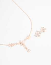 Rose Gold Plated Cubic Zirconia Flower Drop Necklace & Earrings Set - link has visual effect only