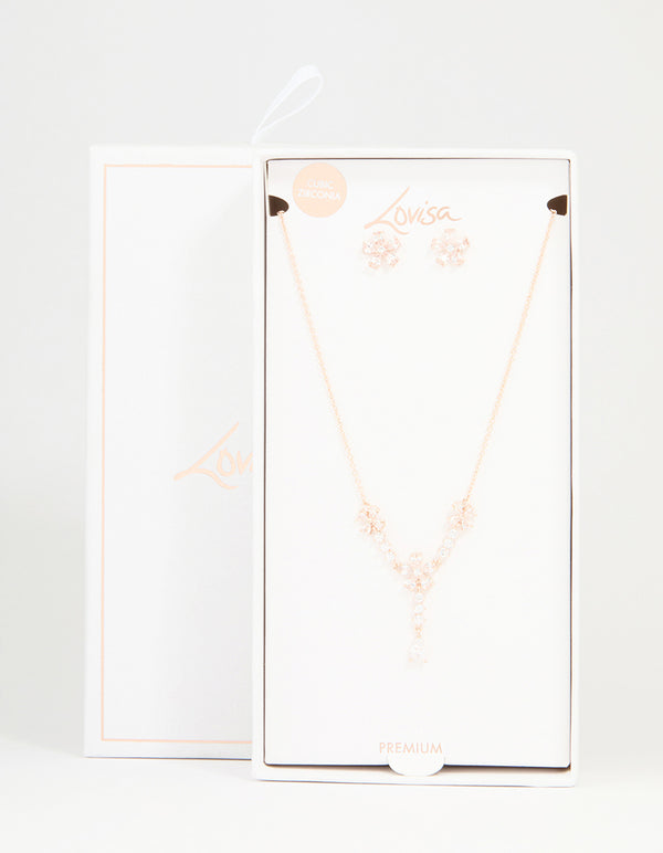 Rose Gold Plated Cubic Zirconia Flower Drop Necklace & Earrings Set