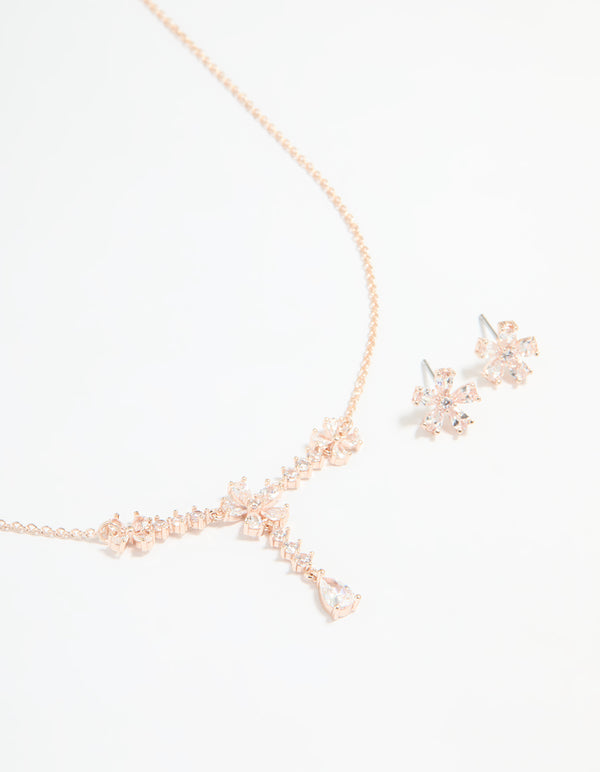Rose Gold Plated Cubic Zirconia Flower Drop Necklace & Earrings Set