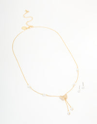 Gold Plated Cubic Zirconia Butterfly Pearl Necklace & Earrings Set - link has visual effect only